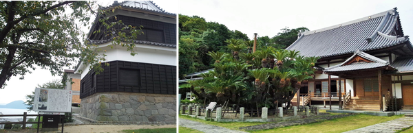 写真左：日出城の鬼門櫓（東北隅の角が特徴）　写真右：麻地酒が偶然発見された伝説のある松屋寺