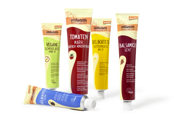 NATURATA - Tuben - Würzmittel - Senf - - Tomatenmark - vegane - Remoulade - modern - spielerisch - harmonisch - jung - Naturkost - Relaunch - Design - Packaging - DesingKis - 2015 - Verpackung
