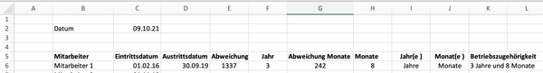 Betriebszugehörigkeit in Excel berechnen in Monate und Jahre