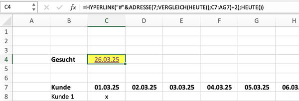 Excel zum aktuellen Datum springen