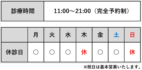 診療時間、11:00～21:00（完全予約制）。休診日、毎週木曜・日曜。