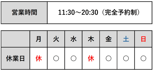 火曜、水曜、金曜、土曜、日曜を営業しています。営業時間は、11:30～20:30（完全予約制）。休業日は、毎週月曜・木曜