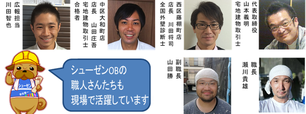 スタッフの画像紹介です。打合せスタッフは山本、川田、山田、川田です。塗装職人は瀬川と山田です。
