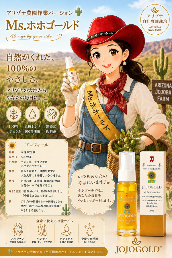 👒 Ms.ホホゴールド® アリゾナ農園作業バージョン  ～自然がくれた、100％のやさしさ。～  アリゾナの太陽と大地に育まれた原種ホホバの恵みを、心を込めて世界中の皆様へお届けします。国際ホホバ協会・ホホゴールド®の「農園アンバサダー」として、アリゾナの自然、自社農園、そして原種ホホバへの想いを皆様に伝えるマスコットとして活躍する設定にぴったりのデザイン。🌵💛