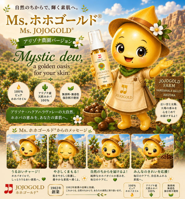 Ms. JOJOGOLD®, the official mascot character of JOJOGOLD®. A cheerful golden jojoba oil drop fairy holding a bottle of JOJOGOLD®, standing in a glowing Arizona oasis.