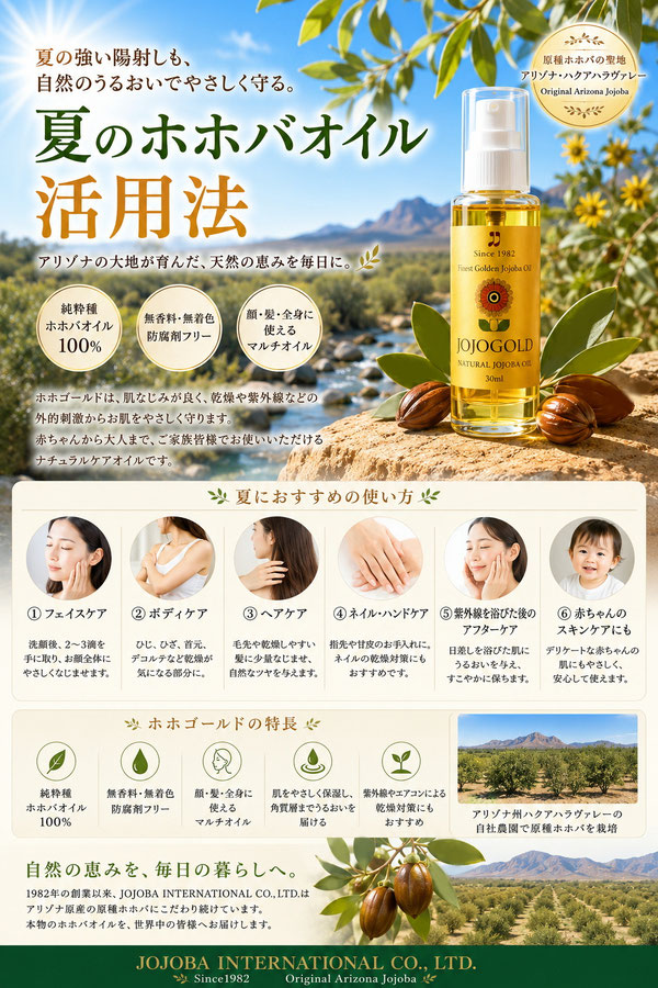 夏のホホバオイル活用法を紹介するホホゴールド®のPR画像。アリゾナ州ハクアハラヴァレー産の純粋種ホホバオイル100％を使用し、紫外線後の保湿や顔・髪・全身のケアにおすすめのナチュラルオイル。