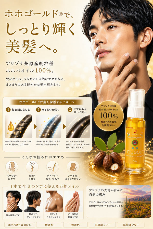ホホゴールド® FOR MENの男性向け美髪ケアPR画像。男性モデルとホホゴールド®ボトルを掲載。純粋種ホホバオイル100％が髪になじみ、キューティクルを保護しながらうるおいと自然なツヤを与え、乾燥やパサつきを防ぎ、健やかな美髪へ導く様子を表現している。