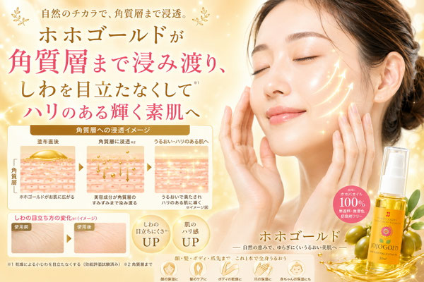 ホホゴールド®の美容PR画像。アリゾナ州原産の純粋種ホホバオイル100％を使用した天然美容オイルが角質層まで浸透するイメージ図と、うるおいとハリに満ちた輝く素肌の女性を掲載。顔・髪・ボディ・爪先まで全身の保湿ケアに使用できることを紹介している。