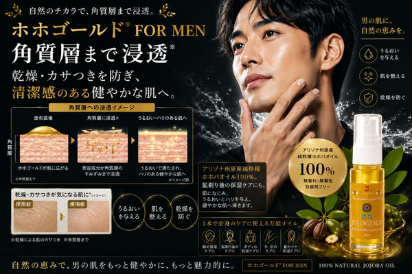 ホホゴールド® FOR MENの男性向けスキンケアPR画像。男性モデルと純粋種ホホバオイル100％のJOJOGOLD®ボトルを掲載。角質層までうるおいを届け、乾燥やカサつきを防ぎ、清潔感のある健やかな肌へ導く男性用スキンケアを紹介している。