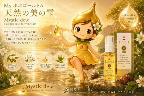 Ms.ホホゴールド®「天然の美の雫」をテーマにした公式イメージビジュアル。アリゾナ州ハクアハラヴァレーの自然を背景に、ホホバのしずくを手にした妖精のマスコットとホホゴールド®商品を配置し、原種ホホバ100％の自然の恵みと美しさを表現したブランドイメージ画像。