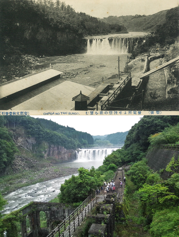 上：発電所が稼働していた明治末～大正時代の絵葉書（著者所収）、下：現在の沈堕の滝と発電所跡