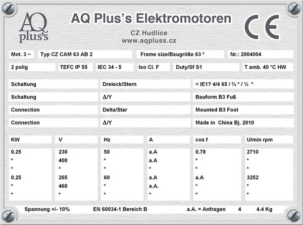 0,25 KW Elektromotor B3 Fußform Typenschild mit Daten, Tabellen als Download.
