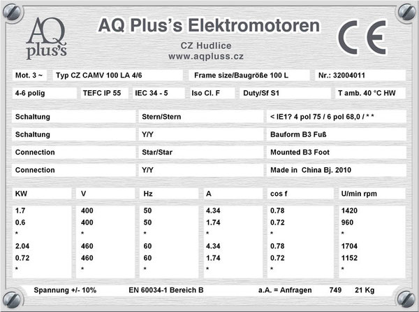 1,7/0,6 KW 4/6 polig, Elektromotor quadratisches Gegenmoment, B3 Fußform Typenschild mit Daten, Tabellen als Download. 