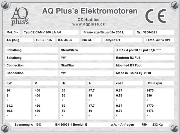 26/9 KW 4/6 polig, Elektromotor quadratisches Gegenmoment, B3 Fußform Typenschild mit Daten, Tabellen als Download. 