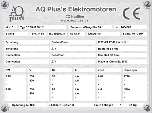 0,75 KW Elektromotor B3 Fußform Typenschild mit Daten, Tabellen als Download.