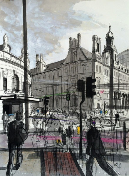 Towards City Square (Leeds), charcoal and ink on paper, 56 x 76cm