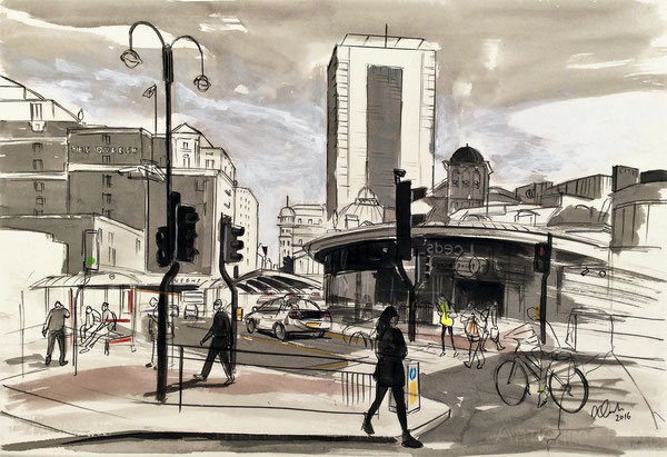 Leeds Station, charcoal and ink on paper, 38 x 56cm