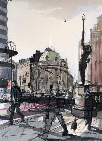 From City Square (Leeds), charcoal and ink on paper, 56 x 76cm