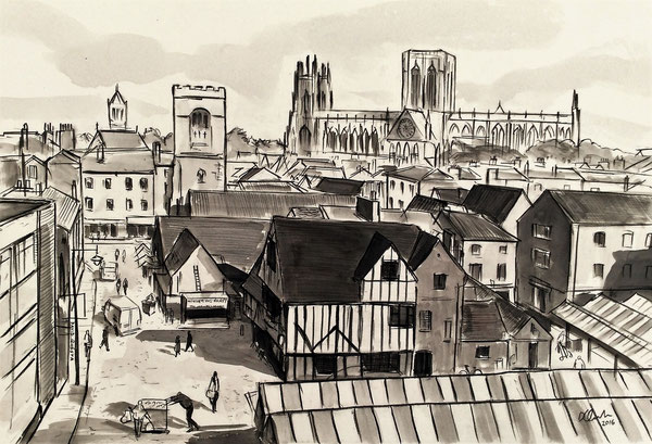 York Market, charcoal and ink on paper, 38 x 56cm