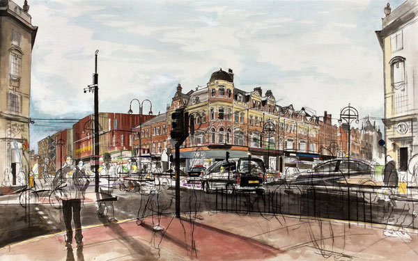 Eastgate and Vicar Lane (Leeds), charcoal and ink on paper