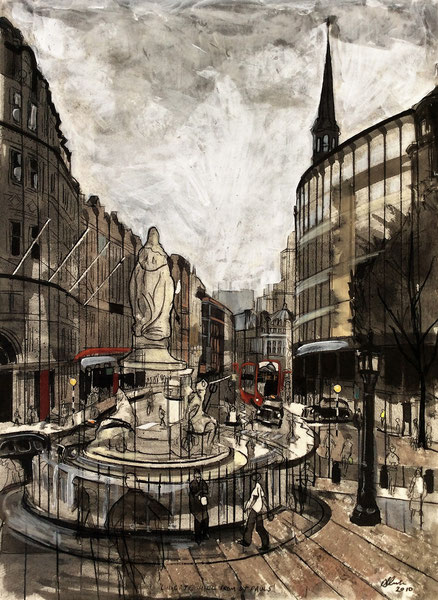 Ludgate Hill from St Pauls, charcoal and ink on paper, 50 x 75cm