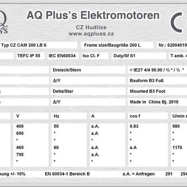 22 KW 6 polig ,Elektromotor B3 Fußform Typenschild mit Daten, Tabellen als Download.