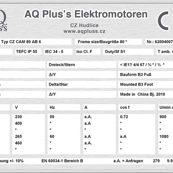 0,55 KW 6 polig ,Elektromotor B3 Fußform Typenschild mit Daten, Tabellen als Download.