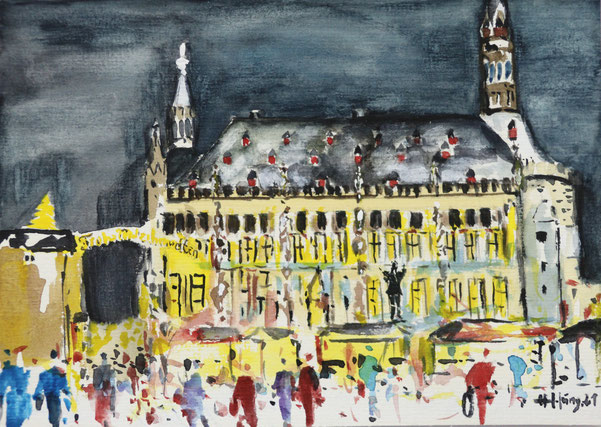 Aachener Rathaus mit Weihnachtsmarkt (Aquarell), 24 x 17 cm