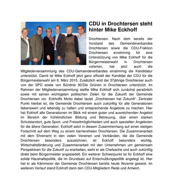 Artikel auf www.cdu-drochtersen.de vom 28. Oktober 2014