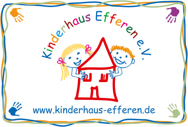 Logo des Kinderhaus. Bunter Schriftzug "Kinderhaus Efferen e.V." über einem gemalten, roten Haus hinter welchem zwei gemalte Kinder hervorblicken.