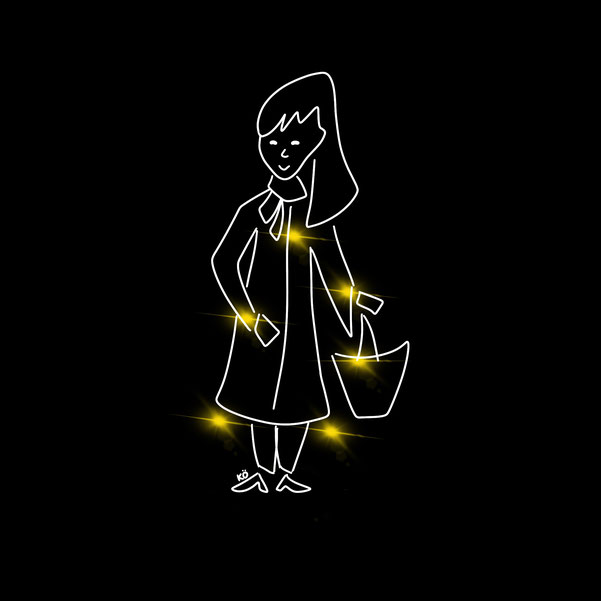 Strichzeichnung einer Frau, mit gelben Sternen an den möglichen Positionen von Reflektoren: am Revers, an den Handgelenken, an einer Tragtasche, unter dem Mantel hängend