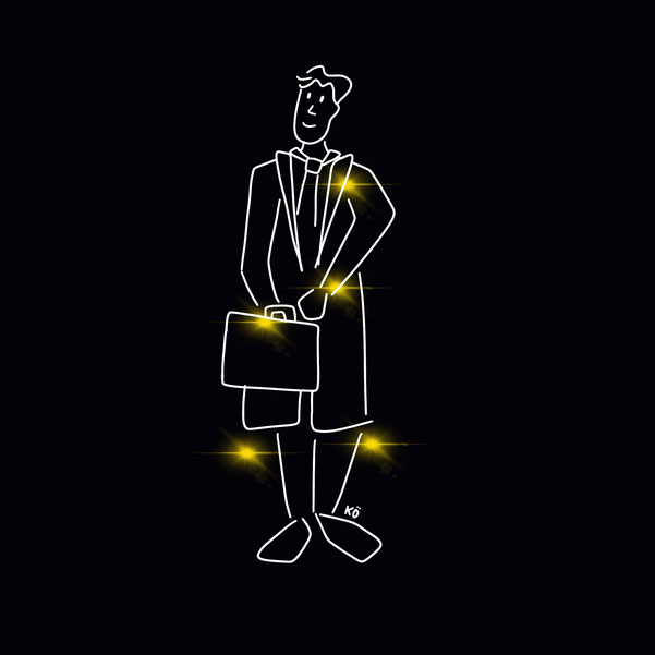Strichzeichnung eines Mannes, mit gelben Sternen an den möglichen Positionen von Reflektoren: am Revers, am Handgelenk, an der Tasche, unter dem Mantel hängend