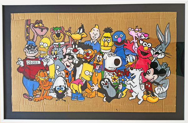 POriginal Pop-Art Kunstwerk FRIENDS von Divo Santino. Handgemaltes Acrylbild auf Karton (120x78 cm), fertig gerahmt in einem weißen Massivholzrahmen mit Echtglas.