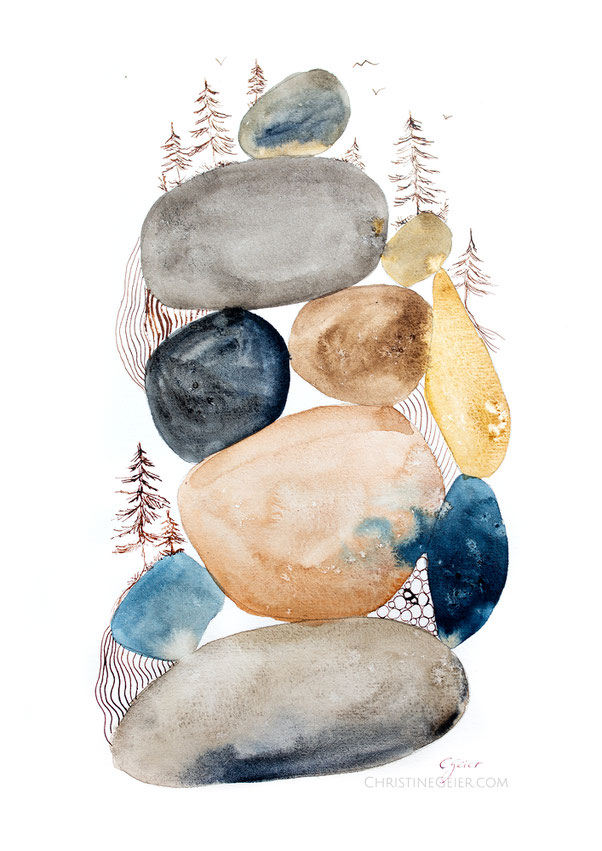 Aquarell, Original, Kunstwerk, Naturkunst, Tusche, Kalligraphietusche, Wald, Felsen, Gebirge, Abstrakt, Bibelillustration, Illustration, Kieselbild, Steinmännchen, Kunsttherapie, Kunstliebe, Waldaquarell, Steinaquarell, Fichtelgebirge