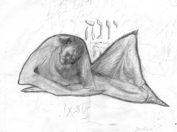 Jona im Walfisch, Jona 2, 1-11, Zeichnung