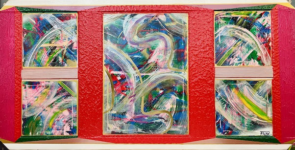 Aufwendige Kunstinstallation aus fünf Leinwandbildern auf Keilrahmen, eingebettet in rote Holzkonstruktion. Ausdrucksstarke Farbführung mit zentralem Bild im Fokus. Thematisiert Selbstüberschätzung und Gleichheit. Rückwand Echtleder bespannt.