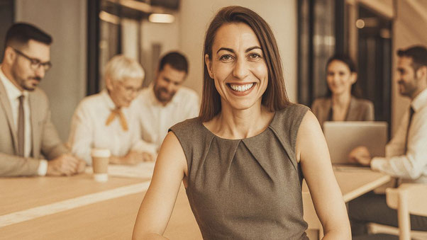 Ein professionelles, modernes Büro-Setting mit einer selbstbewussten, lächelnden Frau im Vordergrund, die Authentizität und Führungsstärke ausstrahlt. Im Hintergrund sind mehrere Teammitglieder in einer Besprechung, was ein dynamisches und kollaboratives