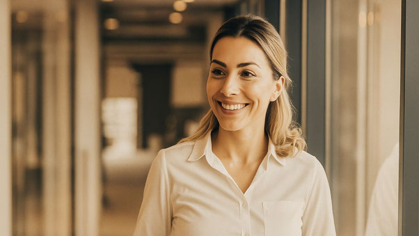 Eine lächelnde, selbstbewusste Frau in einem weißen Hemd steht in einem modernen Büro mit Glaswänden. Die offene und freundliche Ausstrahlung symbolisiert moderne Führungskompetenzen, Selbstbewusstsein und eine positive Arbeitskultur