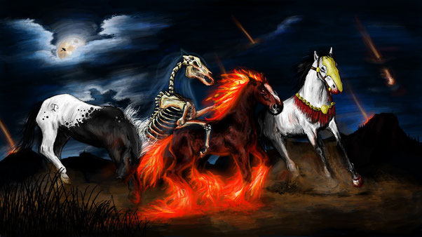 La couleur rouge-feu est associée à la guerre et à la violence. En effet, le 2ème cheval de l’Apocalypse associé à la guerre et le dragon symbolisant Satan sont de couleur rouge-feu.
