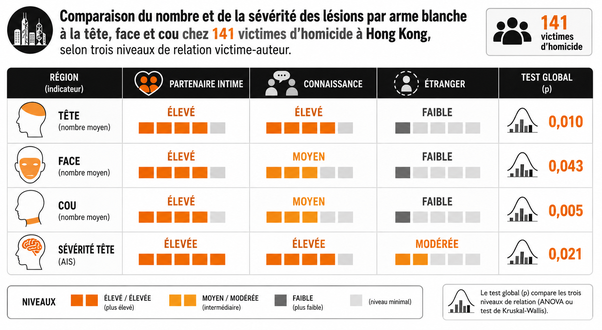 Comparaison du nombre et de la gravité des lésions par arme blanche à la tête, face et cou à Hong Kong, selon le niveaux de relation