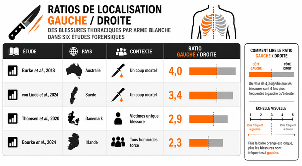 Tableau comparatif des ratios de localisation gauche/droite des blessures thoraciques par arme blanche dans six études forensiques