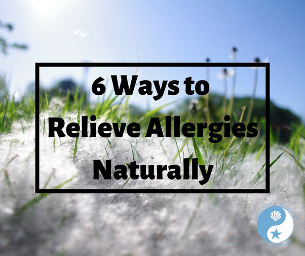 "6 Ways to Relieve Allergies Naturally" over dandelion fluff on the Beachside Blog