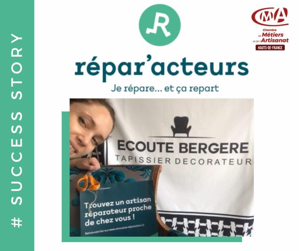 Affiche Répar'acteurs Je répare... et ça repart. Label décerné par La Chambre de Métiers et de l'artisanat et l'Ademe, obtenu en 2022 par Ecoute Bergère