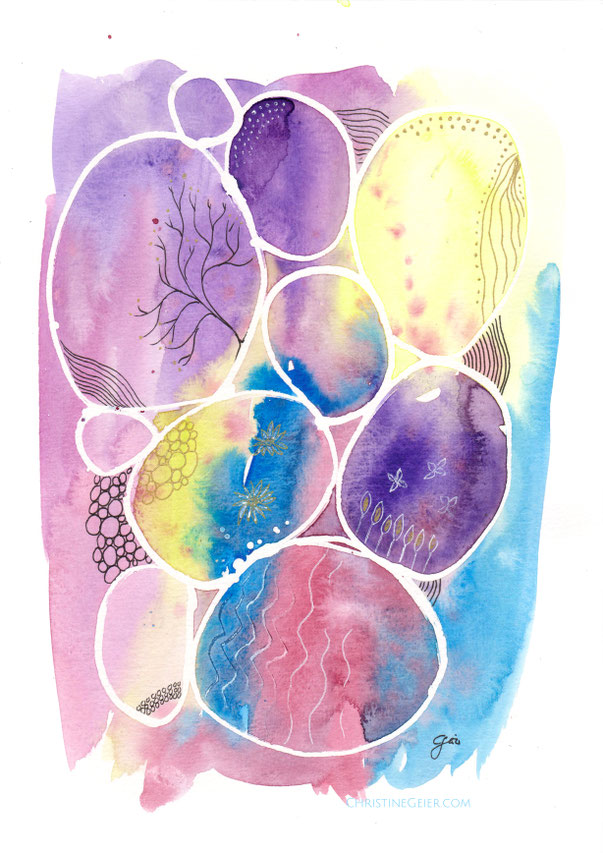 Aquarell, Illustration, Kieselbild, pepples, Kreise, Formen, Kunstwerk, Herbstanfang, Illustration, artwork, watercolour, watercolor, Maltechnik, buntes Bild, Zentangle