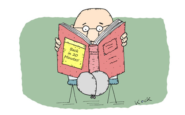 Ein Mann liest in einem Buch mit Aufkleber auf dem steht: Back in 20 Minutes! Cartoon Oliver Kock Greenfluencer