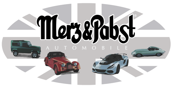 Merz & Pabst Automobile Grafik mit exotischen Fahrzeugen (Land Rover, Morgan, Lotus, Jaguar)