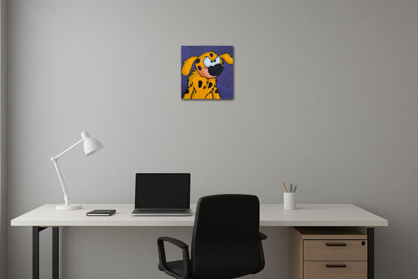 Modernes Büro mit dem Werk MIESEPETER von Divo Santino. Die Kunst sorgt für ein Schmunzeln am Arbeitsplatz und lockert die Atmosphäre auf.