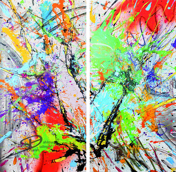 Sarah Esslinger-Dahlmann, prickelnd (zweigeteilt), September 2024, je 70 x 140 bzw. gesamt 140 x 140 cm, Acrylfarbe, Mischtechnik auf Leinwand, abstraktes, kraftvolles, farbintensives Werk, leuchtende Farben, gelb orange, rot, lila, grün