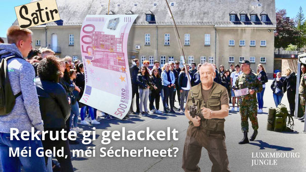 Satirësch Fotomontage vun engem Informatiounsdag an der Kasär um Härebierg: Schüler lauschteren engem Offizéier no, wärend e Fëscher eng Angel mat engem 500‑Euro‑Schäin als Köder hält – Kritik un der Rekrutéierung duerch finanziell Ureizer.