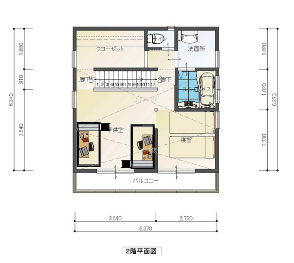 2階も階段を中心にして回遊できる。階段でつながる小屋裏納戸も制限目一杯の広さで設け、大容量の収納が可能となっている。